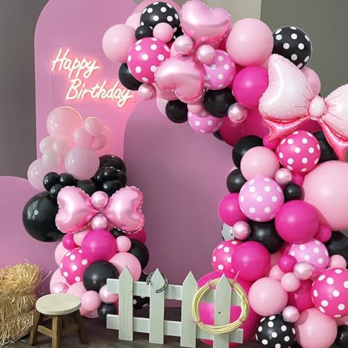 Pink Black Balloons Arch Garland with Bow Heart Foil Balloon Cartoon Mouse Party Decorations