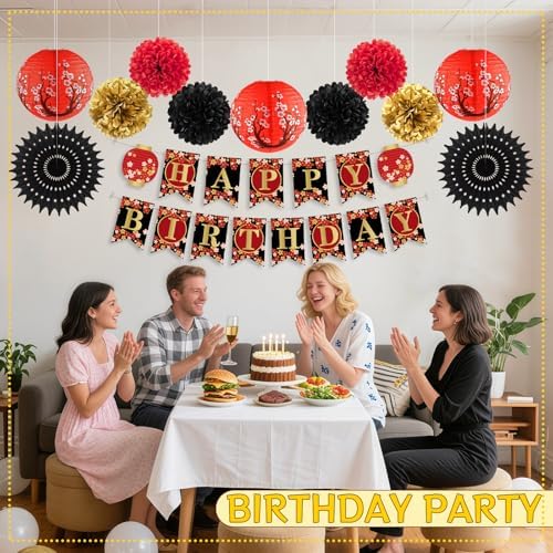 14Pcs Hibachi Party Decor Kit with Japanese Lanterns and Pom Poms