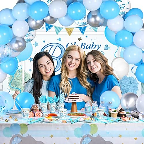 Chengu 194 Pcs Elephant Baby Shower Decorations - Blue Boy Theme Backdrop Tablecloth Balloons Tableware