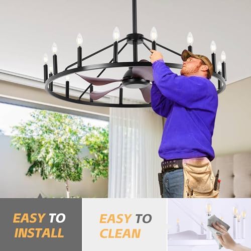 REDSTAR Farmhouse Wagon Wheel Chandelier Fan with Light and Remote