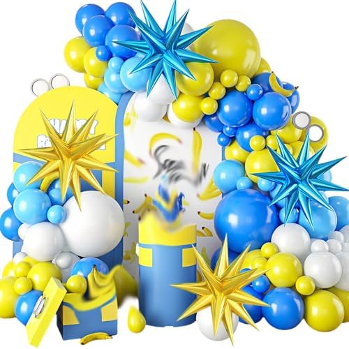 115PCS Light Blue White Yellow Latex Balloons with Aluminum Foil and Glue Dots