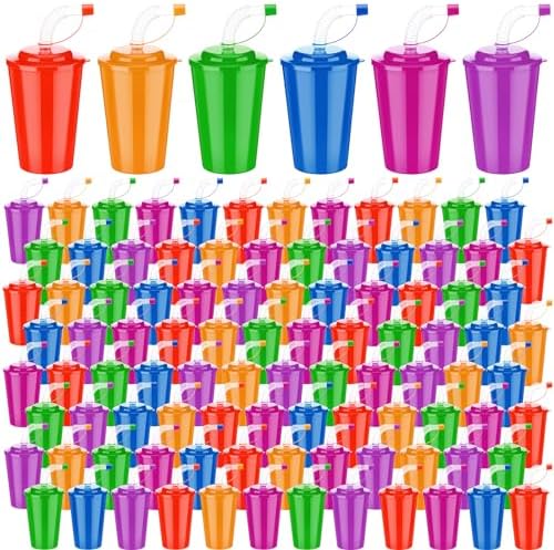 Zubebe 96 Pcs Neon Straws Cups 12 oz Reusable Party Supplies
