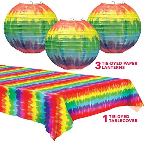 Tie Dye Paper Lanterns and Table Cover Set - 60s Hippie Party Decor