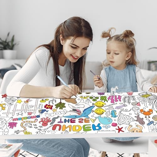 Ocean Theme Coloring Tablecloth with Giant Poster 30x72 Inch - Party Decorations for Kids Birthday Classroom Home