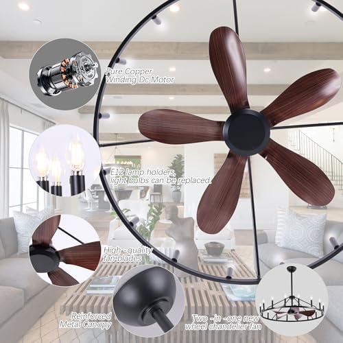 REDSTAR Farmhouse Wagon Wheel Chandelier Fan with Light and Remote