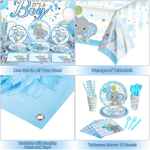 Chengu 194 Pcs Elephant Baby Shower Decorations - Blue Boy Theme Backdrop Tablecloth Balloons Tableware