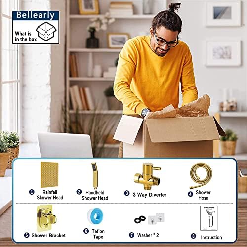 Bellearly Gold High Pressure Square Shower Head with Handheld and 3 Way Diverter