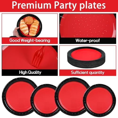 50 Guests Red and Black Party Plates and Napkins
