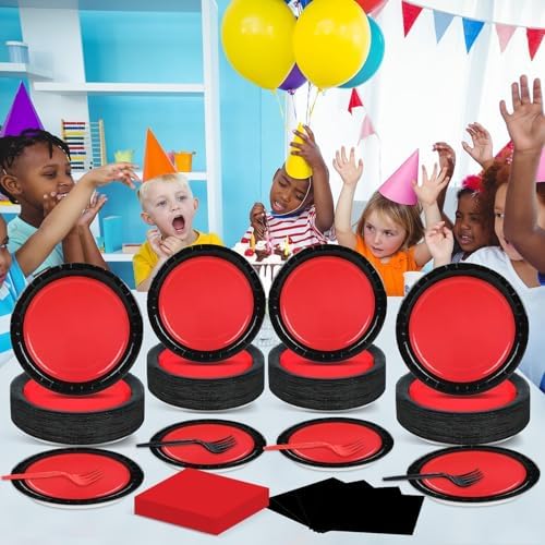 50 Guests Red and Black Party Plates and Napkins