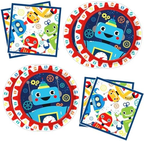 Robot Birthday Party Plates Napkins Set 24 Guests 64 Pcs