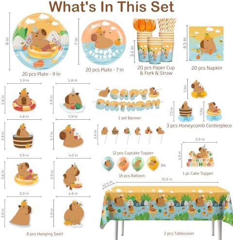 Capybara Birthday Party Decorations Tableware Set for 20 Guests