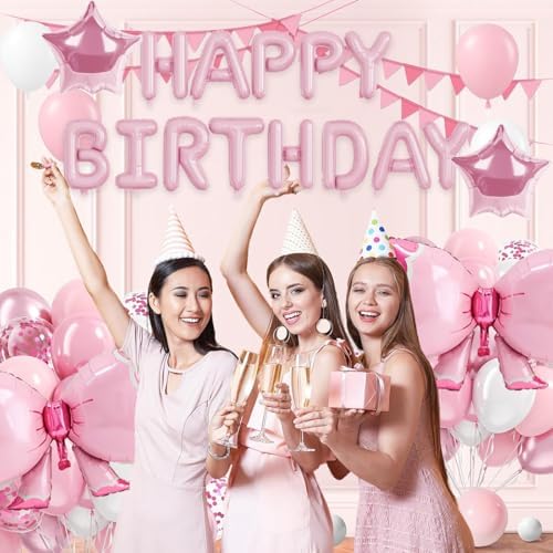 Pink Bow Birthday Balloons with Confetti