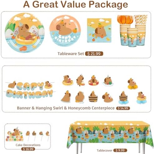 Capybara Birthday Party Decorations Tableware Set for 20 Guests
