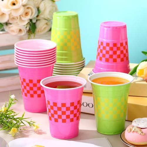 60 Pcs Pink Green Checkered Plastic Cups 16 oz