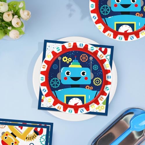 Robot Birthday Party Plates Napkins Set 24 Guests 64 Pcs