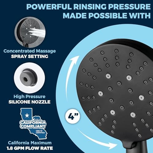 HammerHead Showers All Metal 3-Spray Handheld Shower Head with Long Hose and Holder - Matte Black