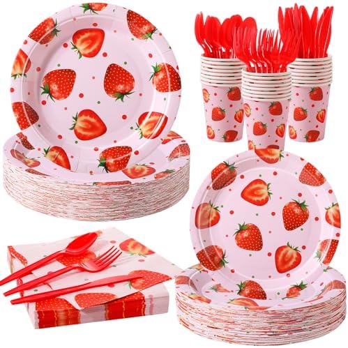 Ziliny 350 Pcs Strawberry Party Plates Set for 50 Guests
