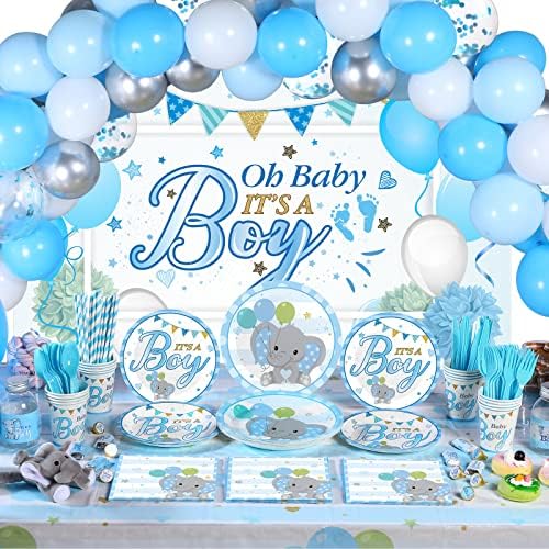 Chengu 194 Pcs Elephant Baby Shower Decorations - Blue Boy Theme Backdrop Tablecloth Balloons Tableware