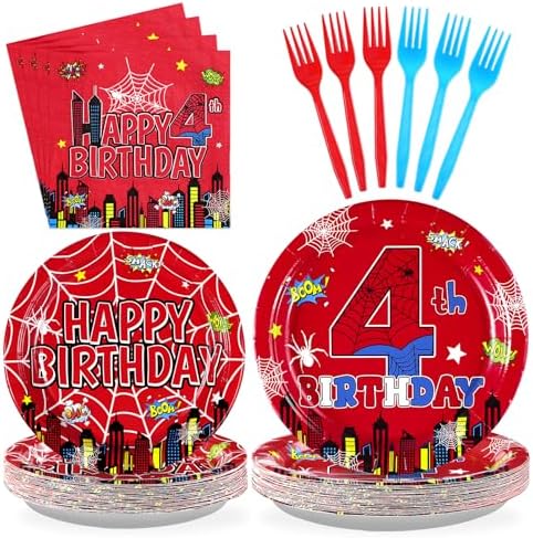 Grencian Spider 4th Birthday Plates Paper Set 96Pcs
