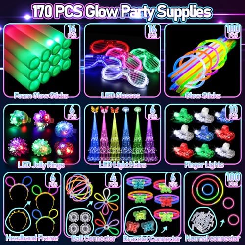 170PCS Glow in the Dark Party Supplies for Kids and Adults