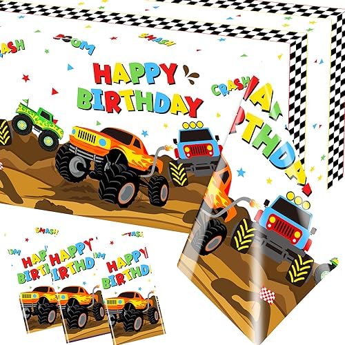 Monster Truck Tablecloth 3 Pcs for Birthday Party Decorations