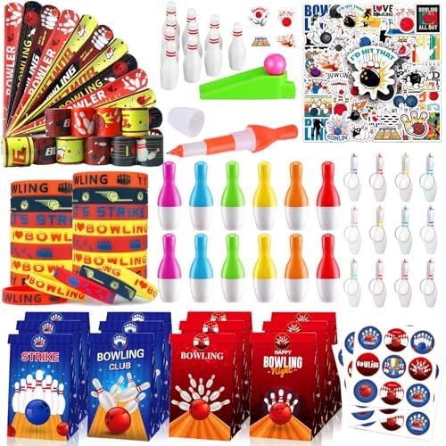 Bowling Party Favors Set with Keychains Slap Bracelets Goodie Bags Stickers Mini Bowling Toy