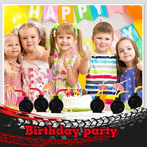 Sawysine 12 Pack Monster Truck Tire Cups with Red and Yellow Straws