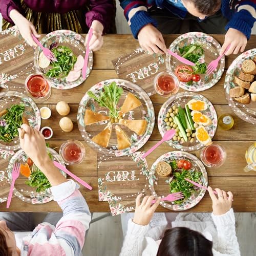 Avezano 192 Pcs Rustic Girl Baby Shower Decorations Plates Napkins Cups Set for 24 Guests