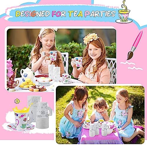 Lenwen 48 Piece Color Your Own Tea Party Cups with Handles and Plates