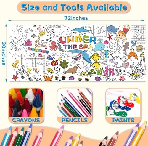 Ocean Theme Coloring Tablecloth with Giant Poster 30x72 Inch - Party Decorations for Kids Birthday Classroom Home