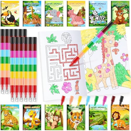 BenLouis 24 Jungle Safari Mini Coloring Books with Stacking Crayons
