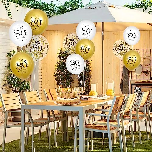 80th Birthday Balloons 15Pcs White Gold