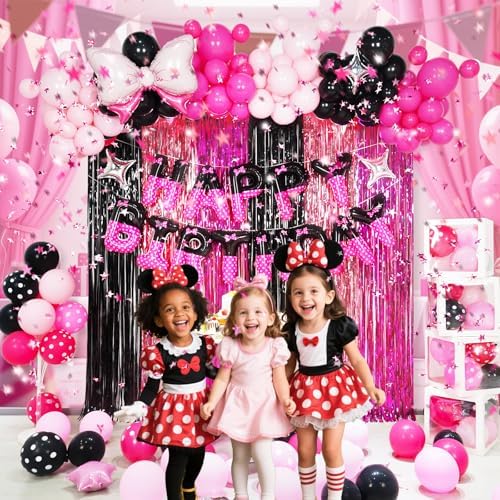 YIIHMEI Birthday Decorations with Black Pink Letters Banner Balloons Kit for Girls Baby Shower - 104Pcs