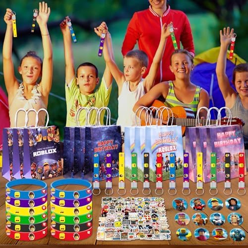 98pcs Birthday Party Favors Set with Bracelets Pins Keychains Bags Stickers