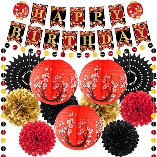 14Pcs Hibachi Party Decor Kit with Japanese Lanterns and Pom Poms