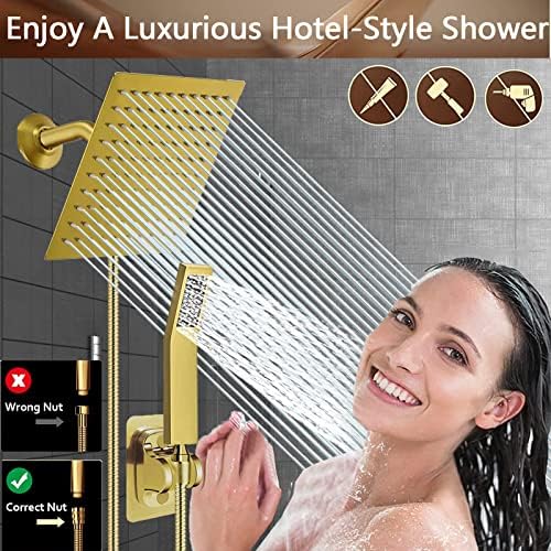 Bellearly Gold High Pressure Square Shower Head with Handheld and 3 Way Diverter