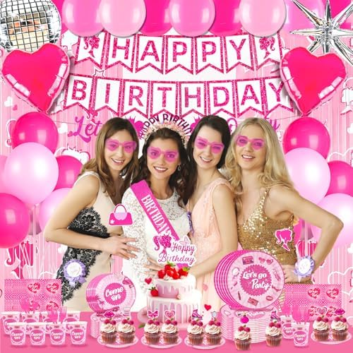 185Pcs Hot Pink Birthday Party Decoration Set for Girls