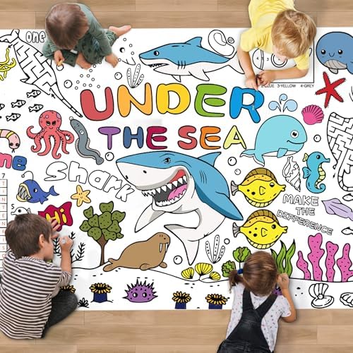Ocean Theme Coloring Tablecloth with Giant Poster 30x72 Inch - Party Decorations for Kids Birthday Classroom Home