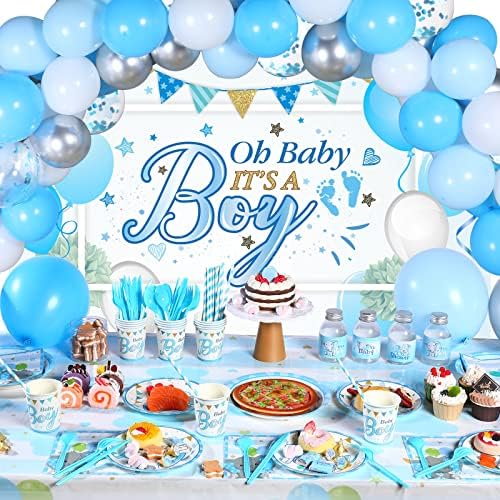 Chengu 194 Pcs Elephant Baby Shower Decorations - Blue Boy Theme Backdrop Tablecloth Balloons Tableware